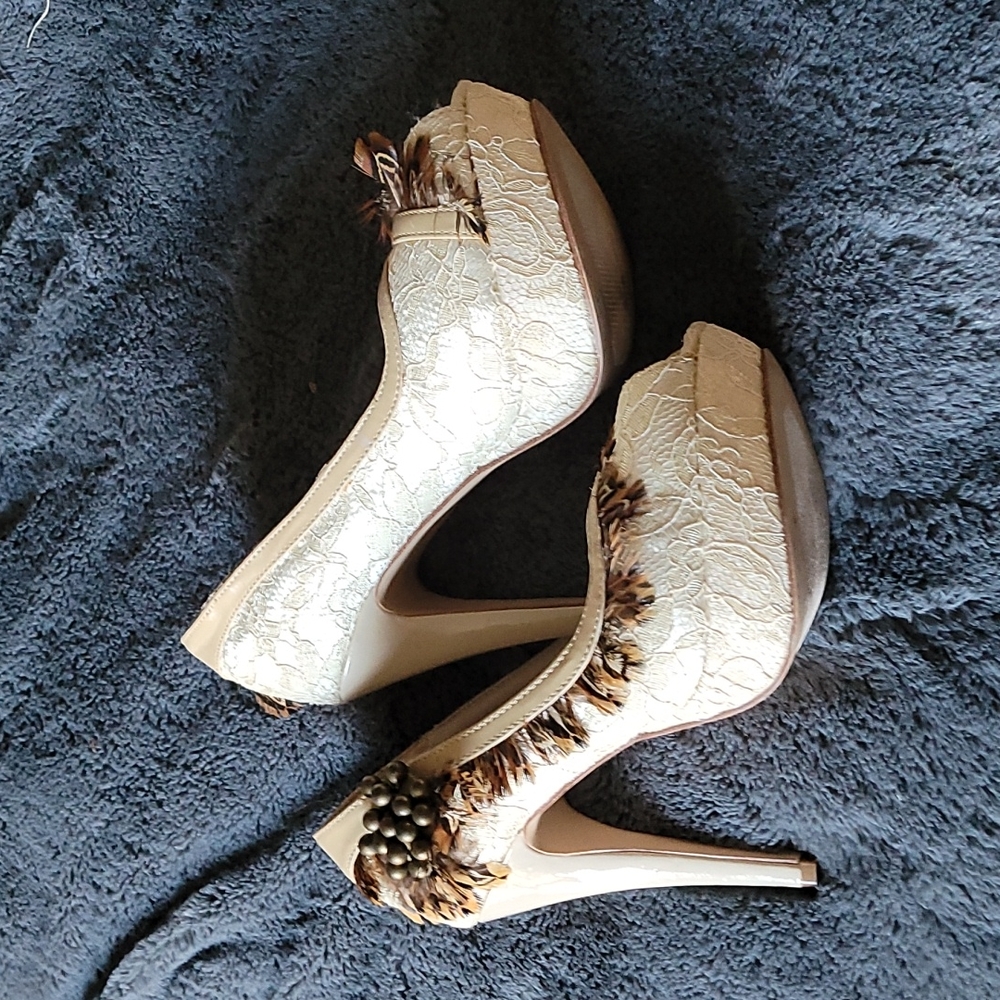 Lace and feather platform heels